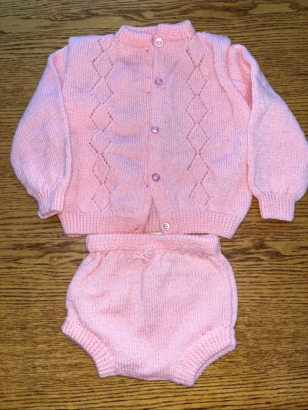Vintage Soft Pink Knit Baby Cardigan & Bloomers Set - Cozy Infant Matching Set